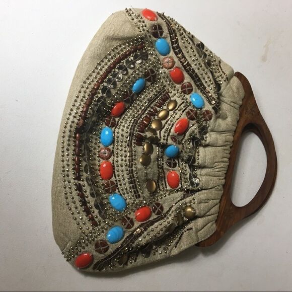 Aldo khaki canvas beads wooden handle satchel bag - Picture 11 of 11